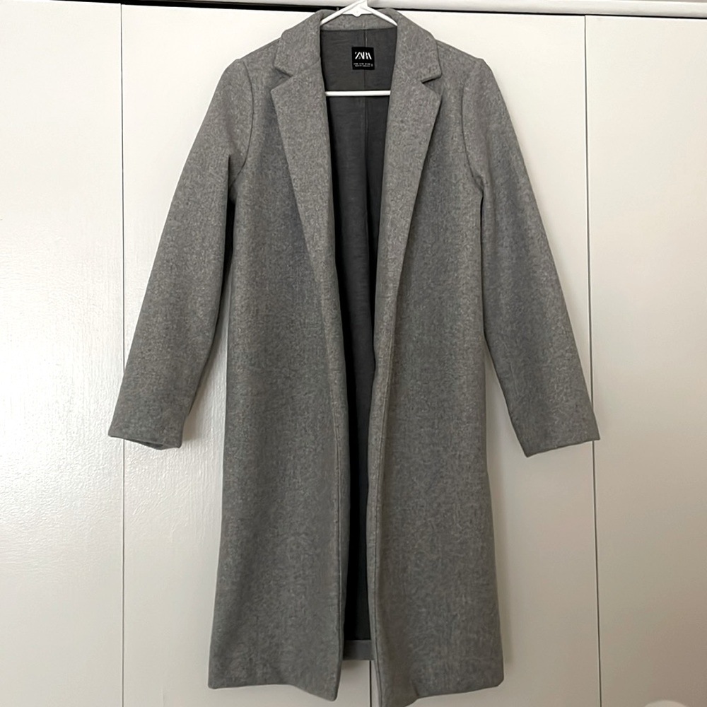 Zara Jacket Womens Large Gray Open Front Lapel Coat Pockets Blazer Overcoat